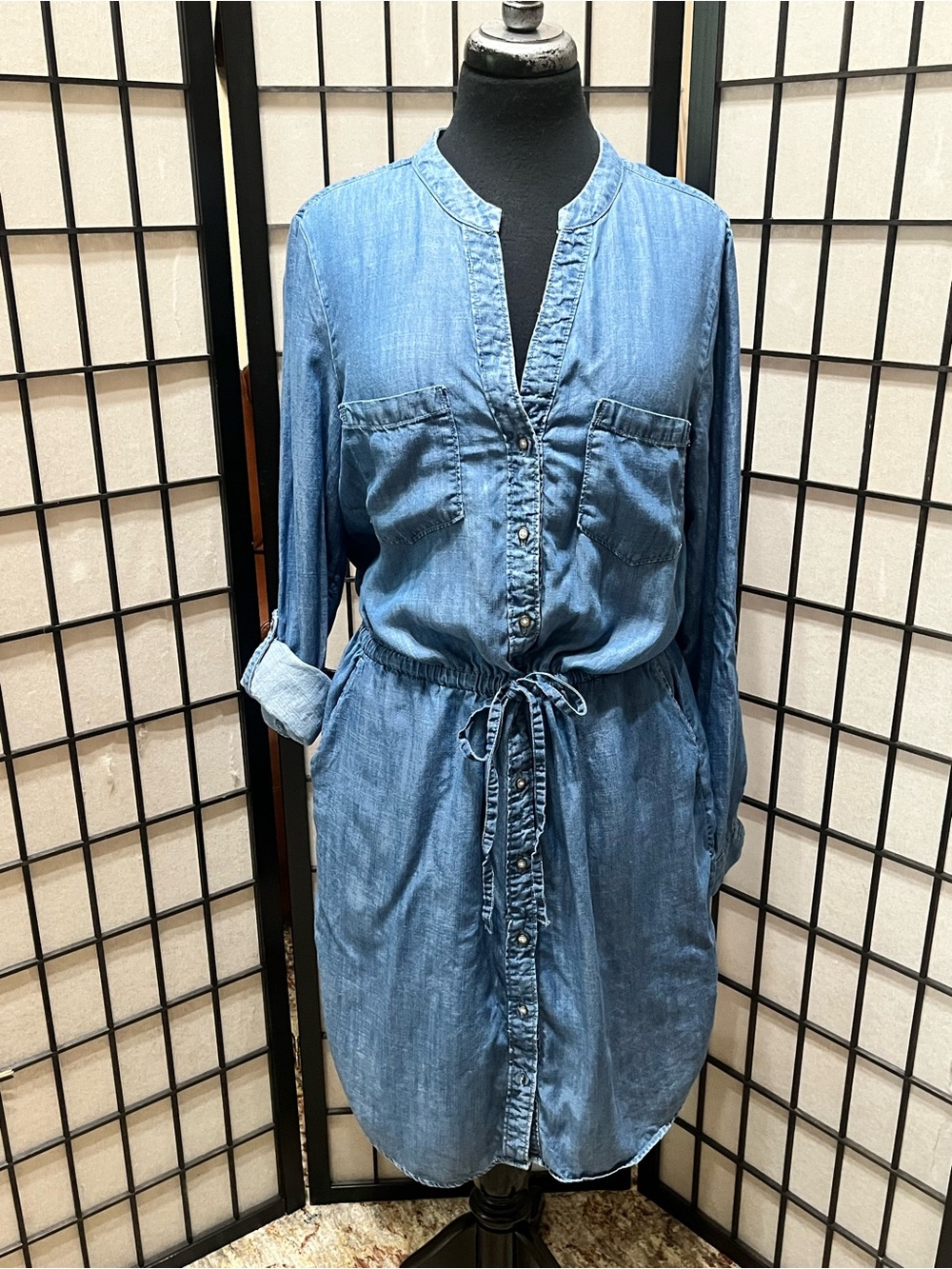 BANANA REPUBLIC Denim Button-Front Drawstring Shirt Dress - Blue SZ 14